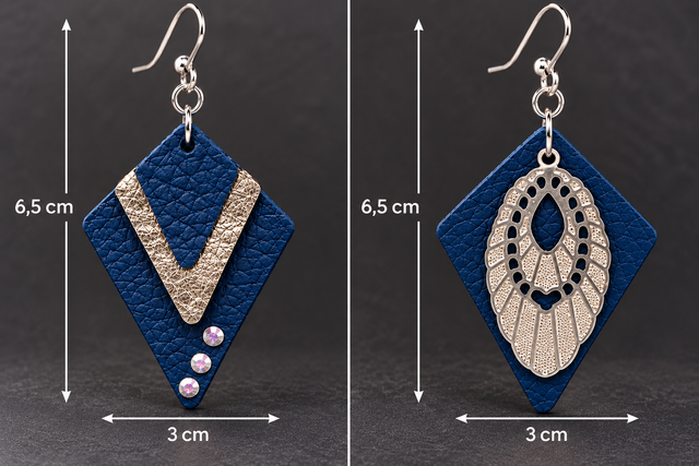 Éclat Royal – Petites boucles d’oreilles asymétriques en cuir bleu et estampes argentées