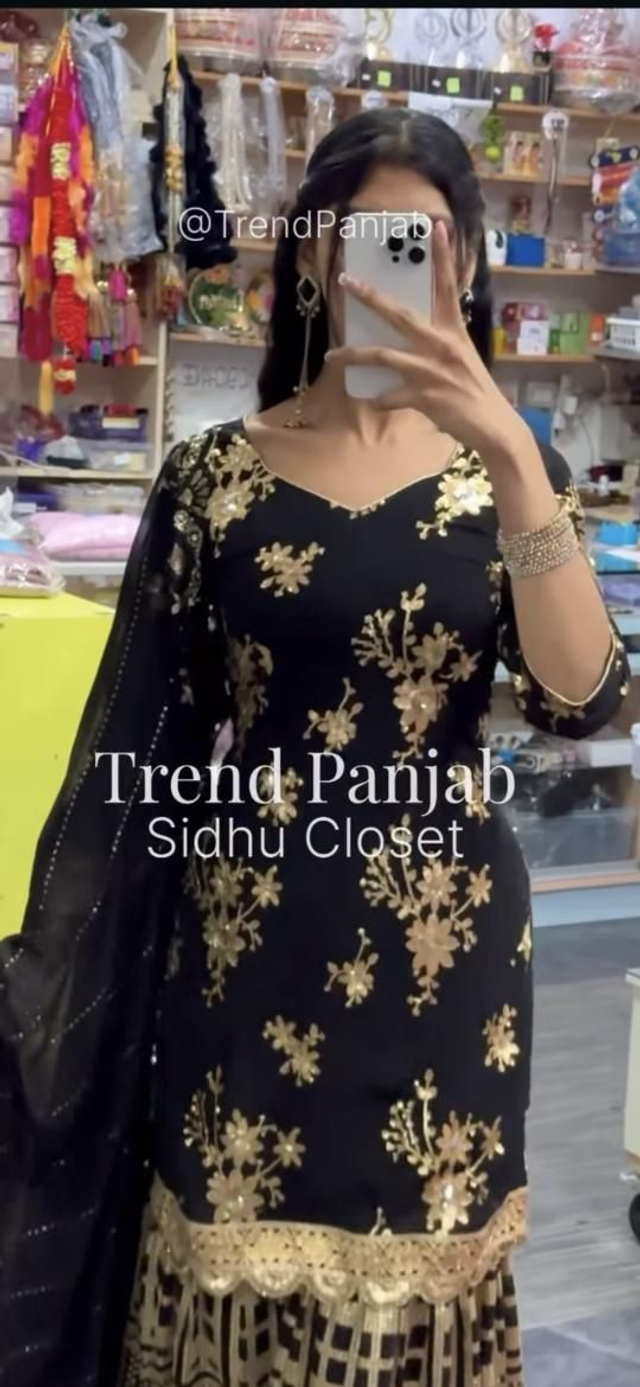 Jet Black & Gold Embroidered Sharara Suit
