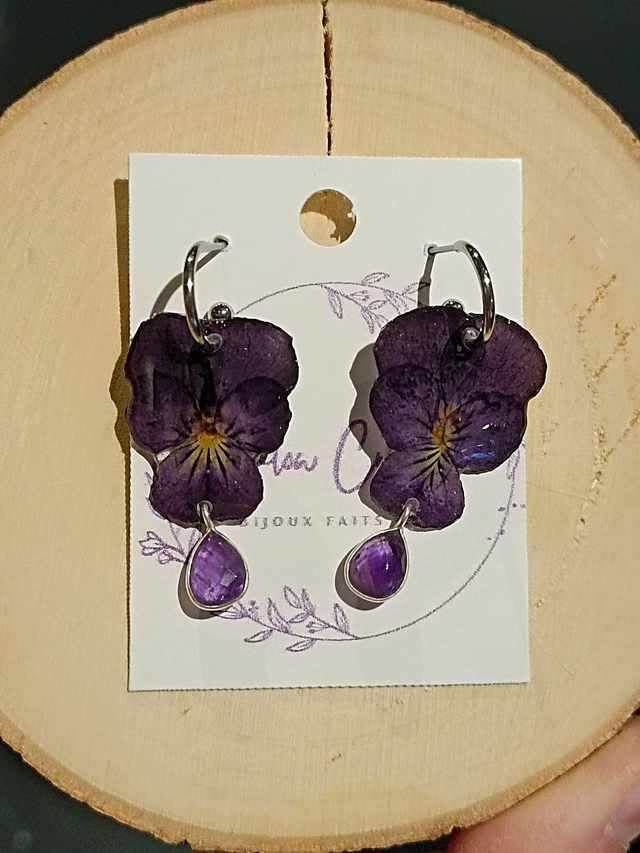 Parure collier+boucles Pensées &amp; Améthyste