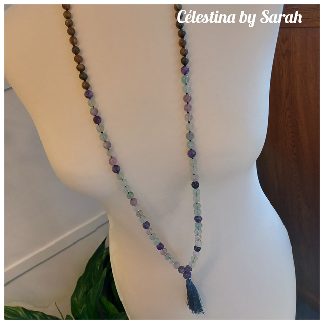 Mala Bois de Santal vert, Fluorite multicolore & Lépidolite