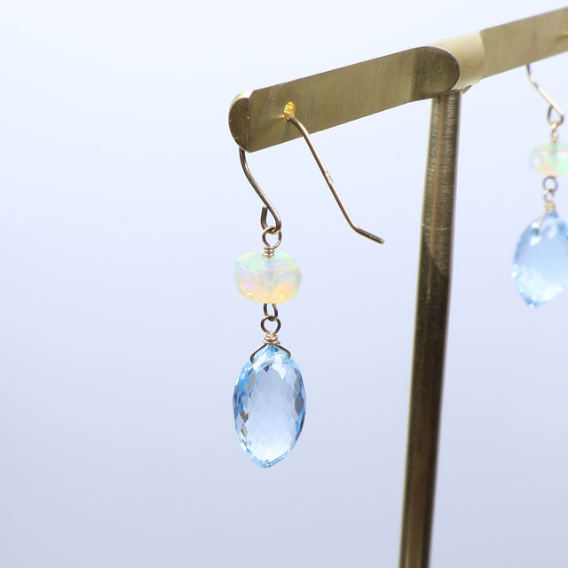 Pair of 18K 18Ct 750 Solid Yellow Gold Faceted Welo Ethiopian Opal Briolette Cut Blue Topaz Gemstone Elegant Dainty Modern Hook Earrings