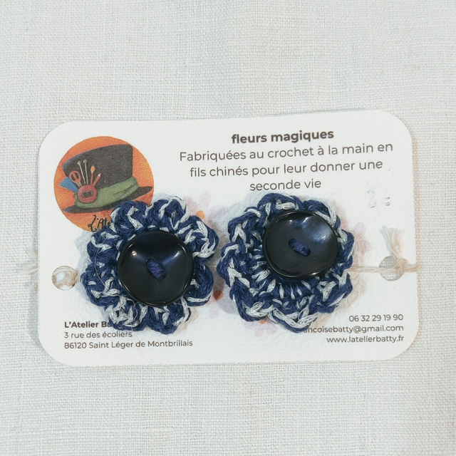 Boutons Nacrés Bleus, Fleurs Anémones Bleues et Blanches paillettes