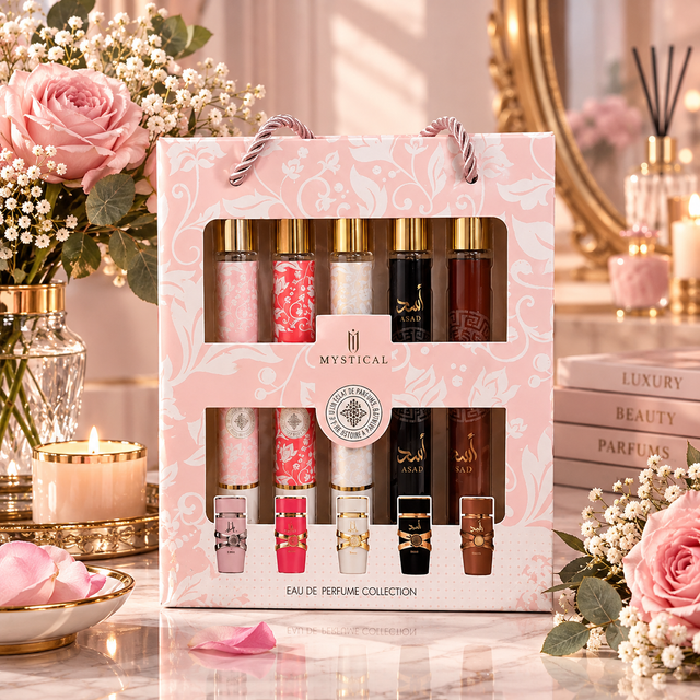 Coffret de 5 Eaux de Parfum 35 ml – Collection Femme Fruitée, Florale, Vanillée & Ambrée, Écrin Rose, Idée Cadeau