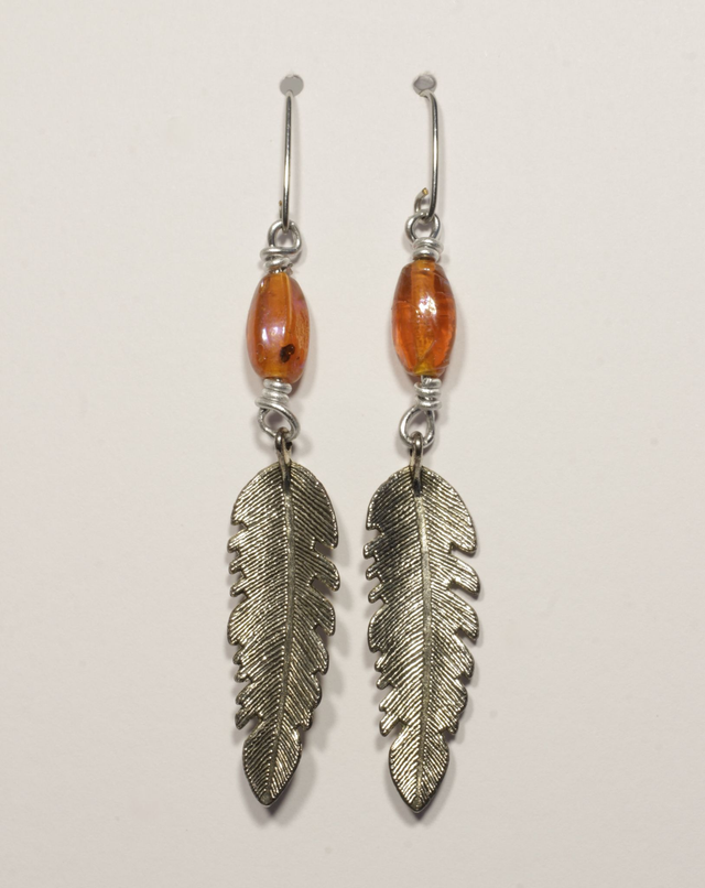 Orange Bead and Feather Earring 