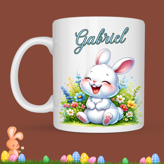 Mug de Pâques "Lapin qui rigole", prénom au choix 