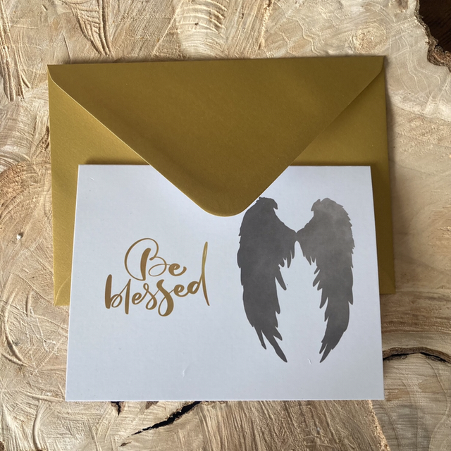 Luxe Christelijke Kerstkaart Be Blessed Engel | dubbele ansichtkaart met goudkleurige envelop 