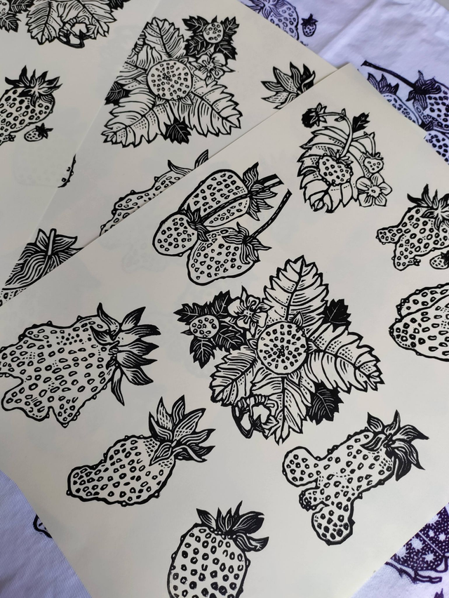 impression linogravure fraises "Collection" 24X32cm