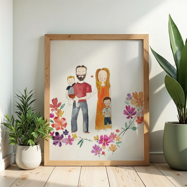 Portrait de famille personnalisé à l’aquarelle – Illustration sur mesure A3