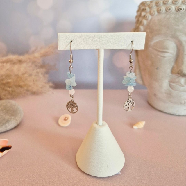 Boucles d’oreilles BORA BORA – Aigue-Marine naturelles &amp; Arbre de Vie