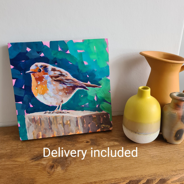 Robin bird original acrylic impressionist style painting 8x8 inch (1)