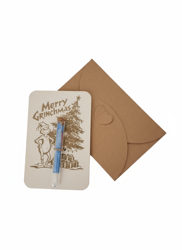 Merry Grinchmas – Liebevoll handgefertigte Karte aus Sperrholz mit Reagenzglas 