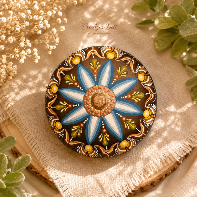 Grande pierre mandala bronze, bleu &amp; doré – Peinte à la main