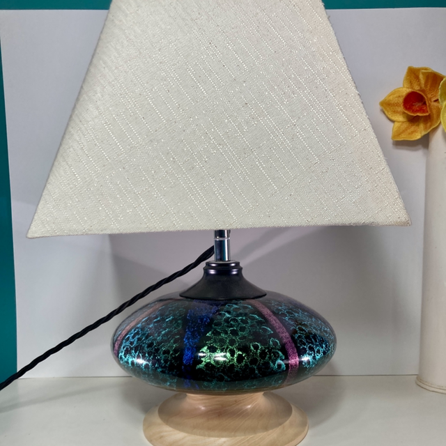 Wood turned iridescent lamp