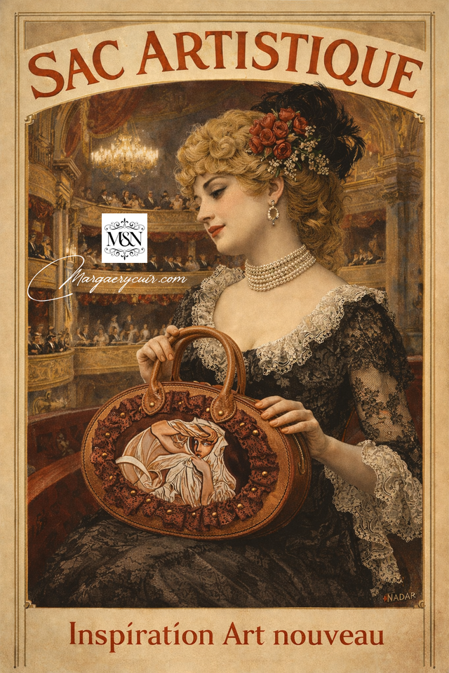 Sac en cuir, style Art Nouveau, motif  inspiré de Mucha