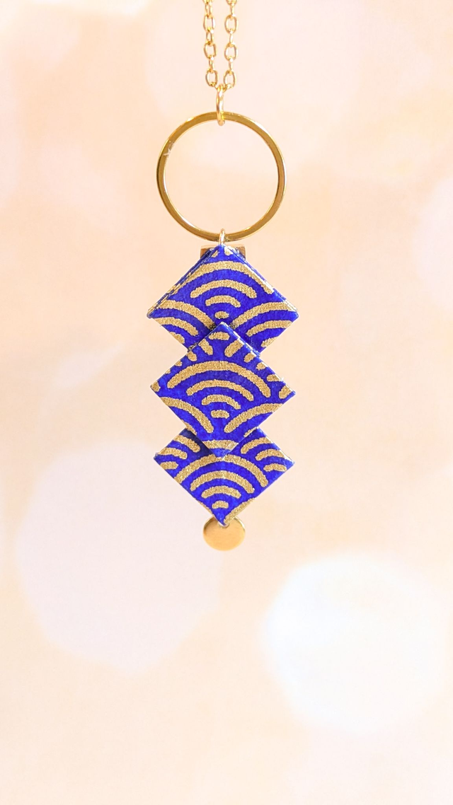 Zigzae - Sautoir origami et acier inoxydable doré - Bleu Vague