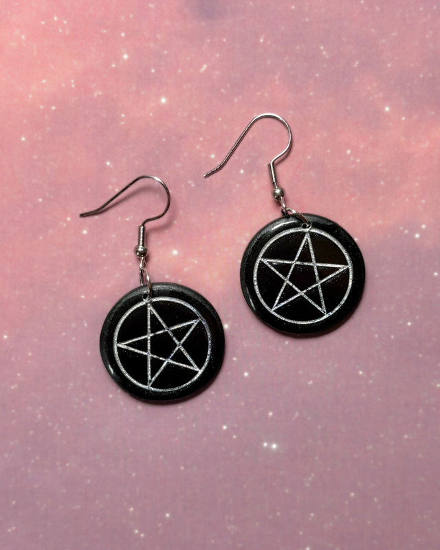 Black and Silver Pentagram Circle Drops