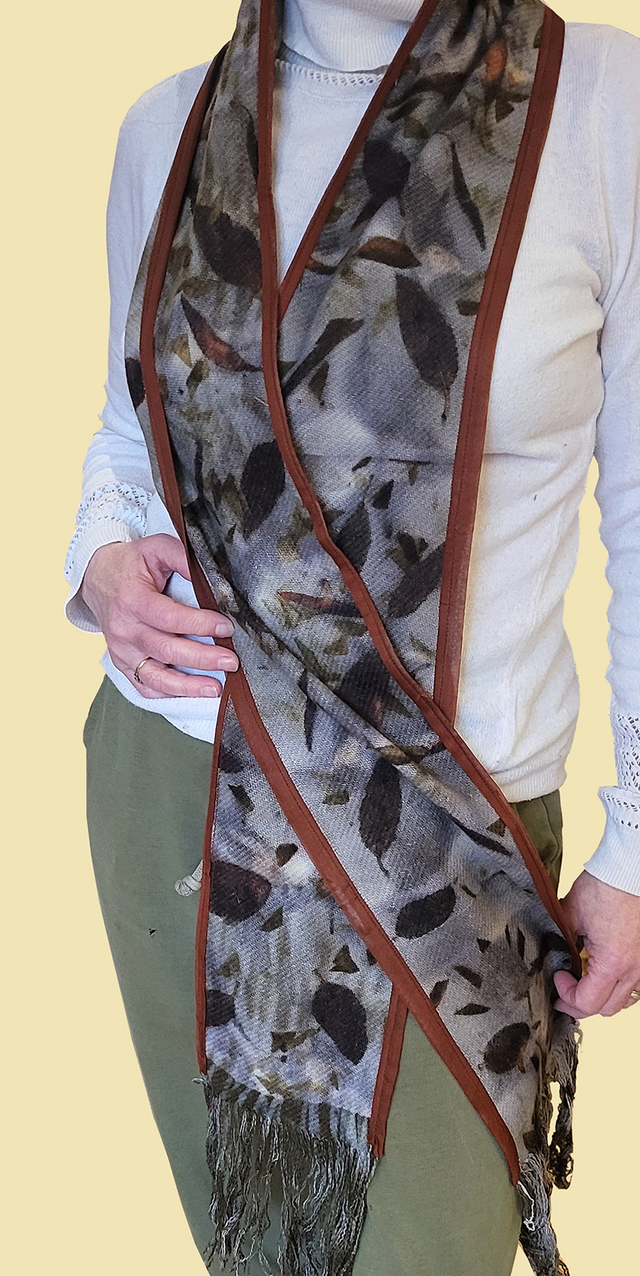 Wool / Silk Chiffon Scarf - eco-printed with eucalyptus leaves and onion skin