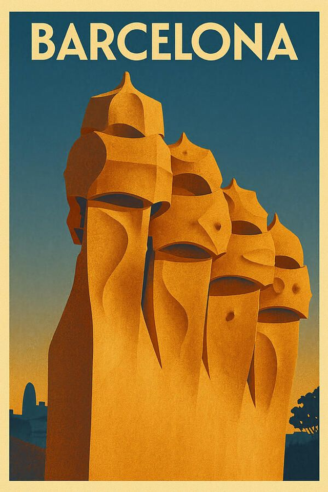 Póster De viaje vintage con chimeneas en la azotea de La Pedrera de Barcelona