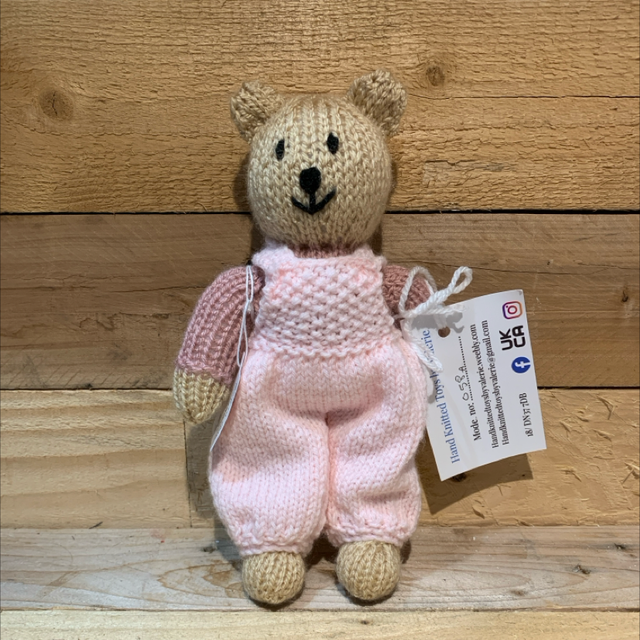 Hand Knitted Bear in Dungarees