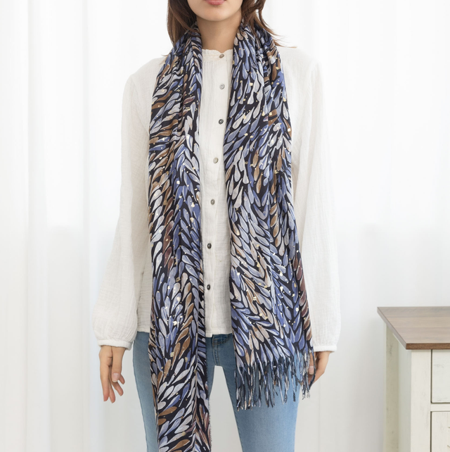 Écharpe douce motif imprimé plume avec dorure et franges