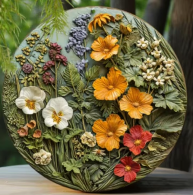 Vintage rond metalen bord Bloemen (20cm)