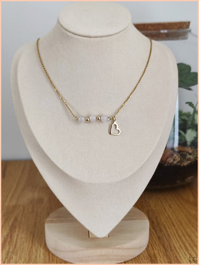 Collier trio de perles et breloque, pierre naturelle - Quartz rose