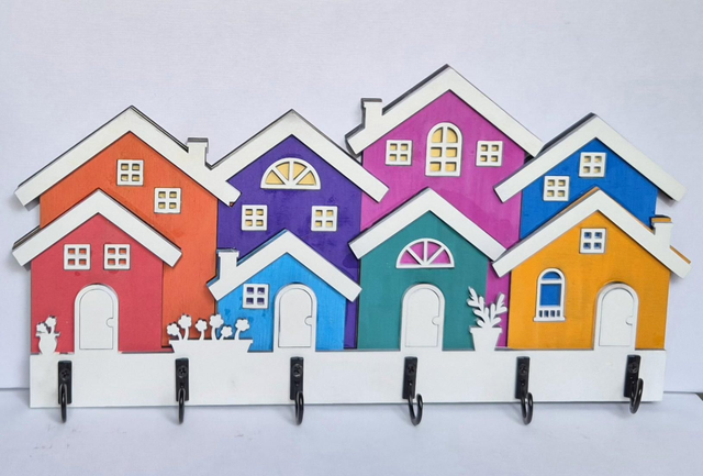 Row of Houses Keyholder (multi coloured, black hooks)