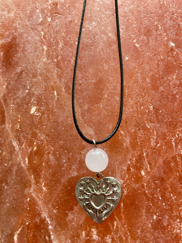 Pendentif Coeur en Inox &amp; Quartz Rose sur cordon