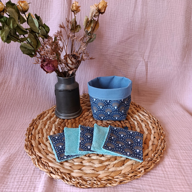 Panière + 5 Cotons Lavables Couronnes Bleu