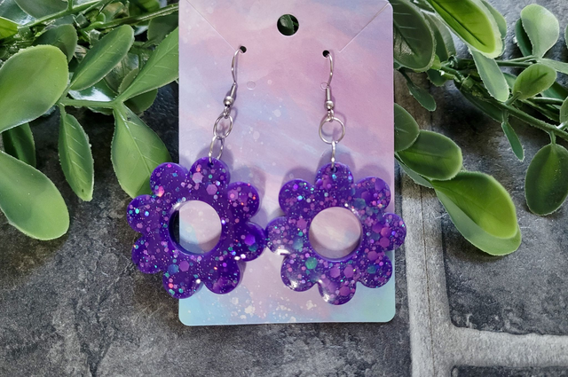 Earrings | Purple Glitter Flowers | Stainless Steel Shepherd Hooks (2)