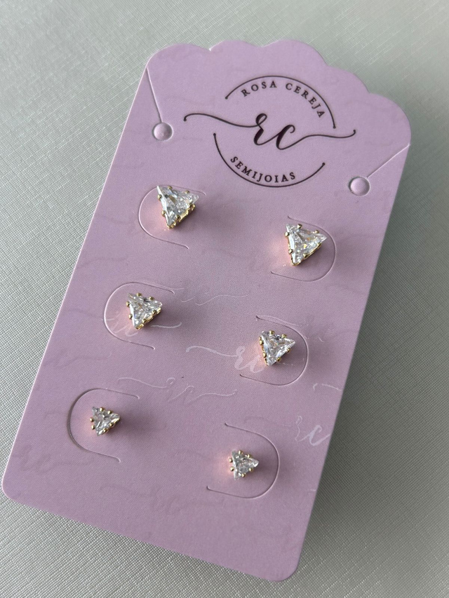 TRIO DE BRINCOS TRIANGULO CRISTAL BANHADO EM OURO 18K