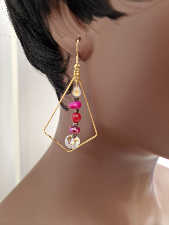 Boucles D'oreilles Acier Doré Perles Coquillage Hématite Cristal