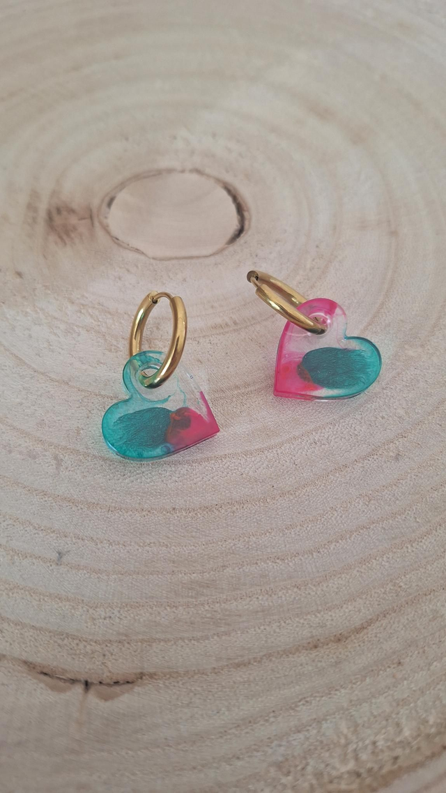 Créoles dorées cœurs roses/verts