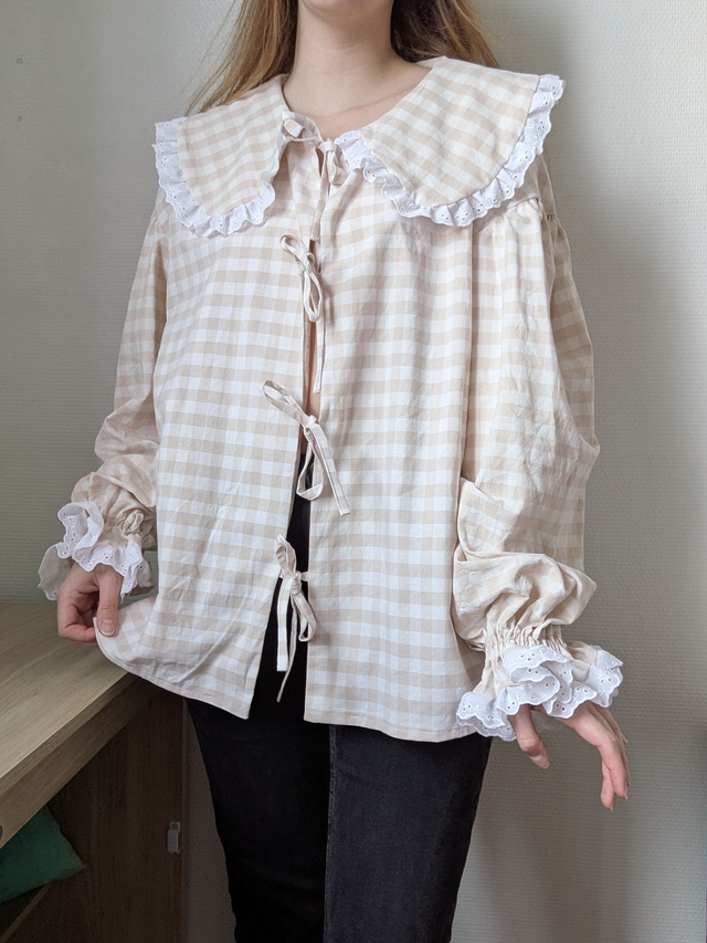 Blouse à grand col claudine vichy beige - taille M / L