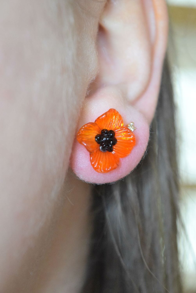 PUCES FLEURS ORANGE TRANSLUCIDE MONTURE INOX GRIS (PF4)