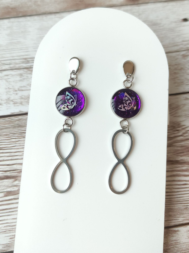 Boucles &quot;Anaïs&quot; violet et papillon acier inoxydable 