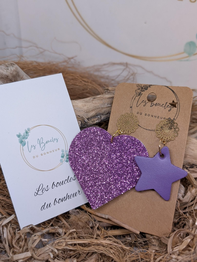 Boucles d'oreilles Asymétrique coeur étoile violet paillettes c1018