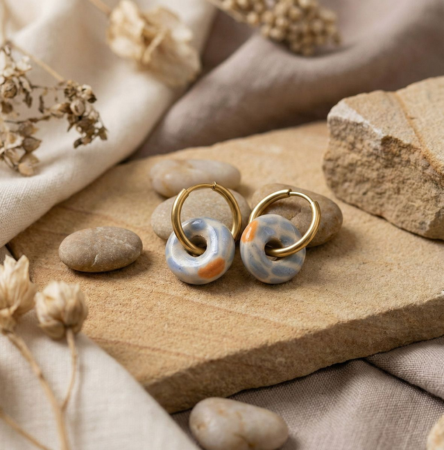 Lavander Blue Flower Thick Hoop Ceramic Earrings