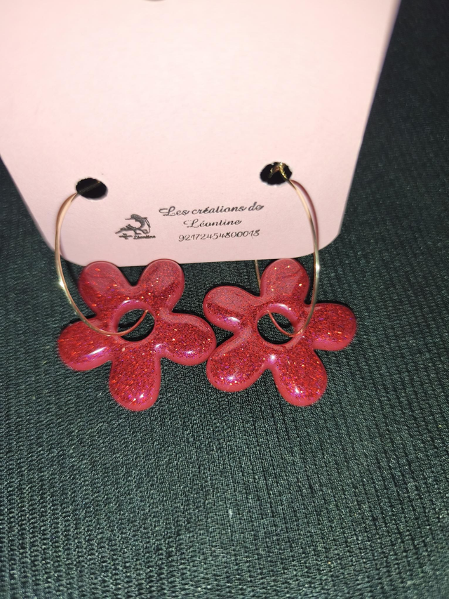 Créoles fleurs rouge pailleté 