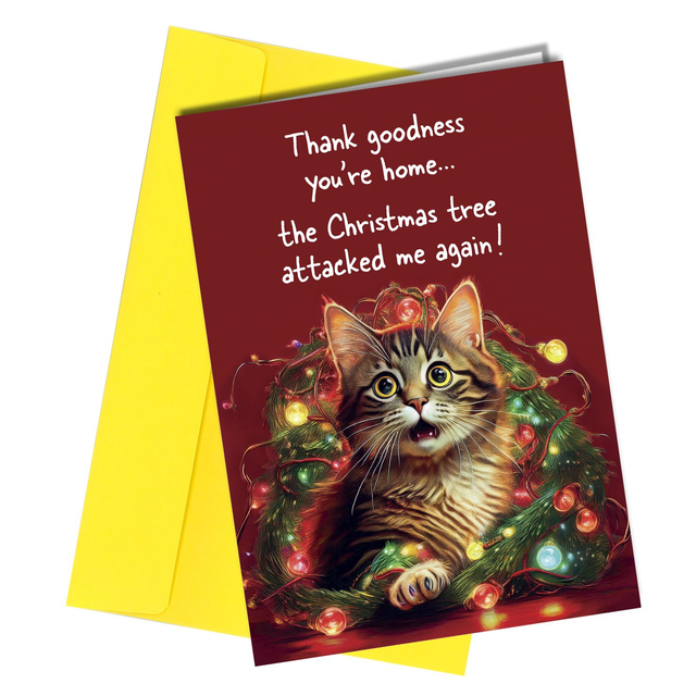 #1766 Christmas Tree Attacked Me | Cat Christmas Card