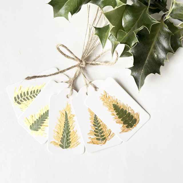 Handmade White Christmas Tags Gold Pressed Fern  Pack of 5