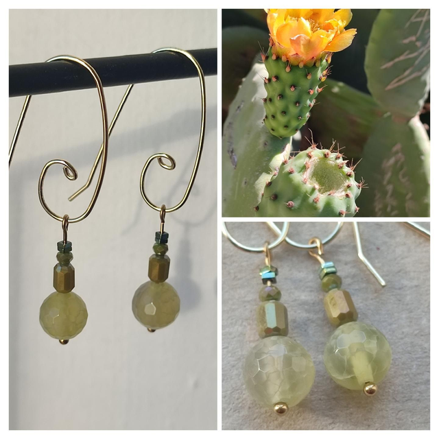 Jade, verre et hématite aux reflets jaune et vert, acier inoxydable doré -sans nickel, pièce unique 