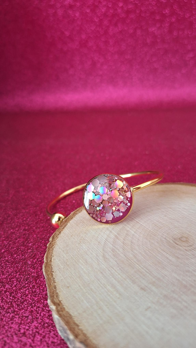 Jonc doré rond violet/paillettes roses 