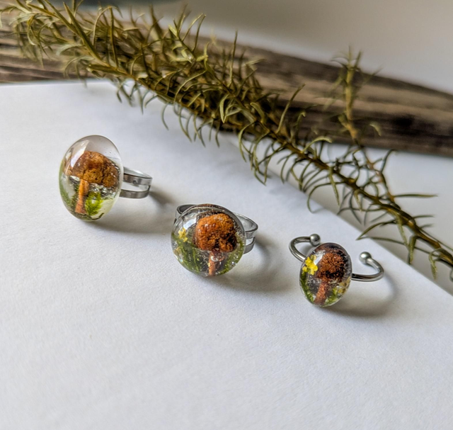 Anillo de resina con seta transparente 