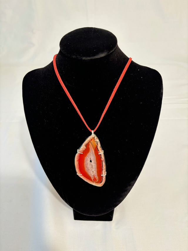Red Agate Slice Pendant – Recycled Silver Handmade Necklace