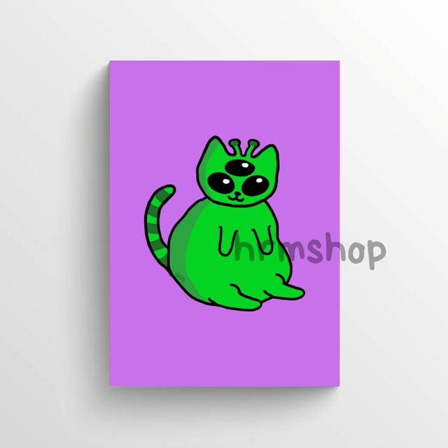 Green Alien Cat (Purple Background) Art Print 6x4" Unframed