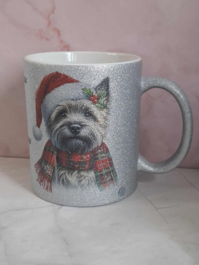 Mug à paillettes argenté cairn terrier de noël