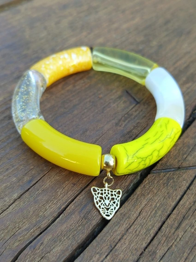 Bracelet jonc perles tubes incurvées Mohana Peela tête de léopard