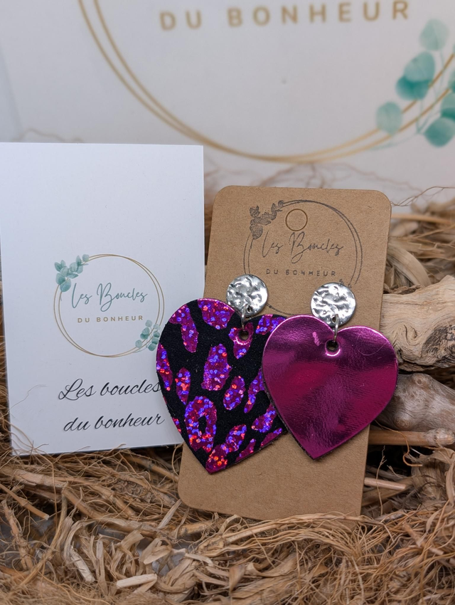 Boucles d&#039;oreilles Asymétrique coeur fushia léopard zk019