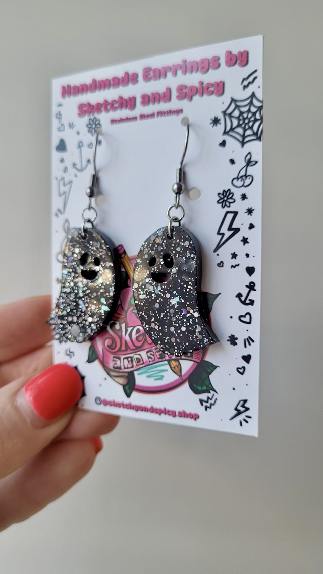 Earrings | Black Glitter Ghost | Happy Ghost | Stainless Steel Hooks